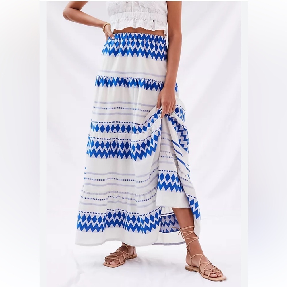 Anthropologie Kasia Size XS Womens Cream & Blue Eros Tiered Maxi Skirt